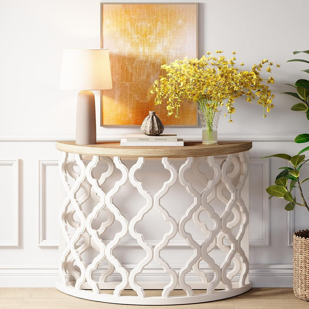 karlott Half Moon Console Table, 43.3" Solid Wood Veneer Tabletop Farmhouse Halfmoon Entryway Table, Painted, Sofa Behind the Couch Table, Half Circle Table for Living Room, Hallway, Easy Assembly