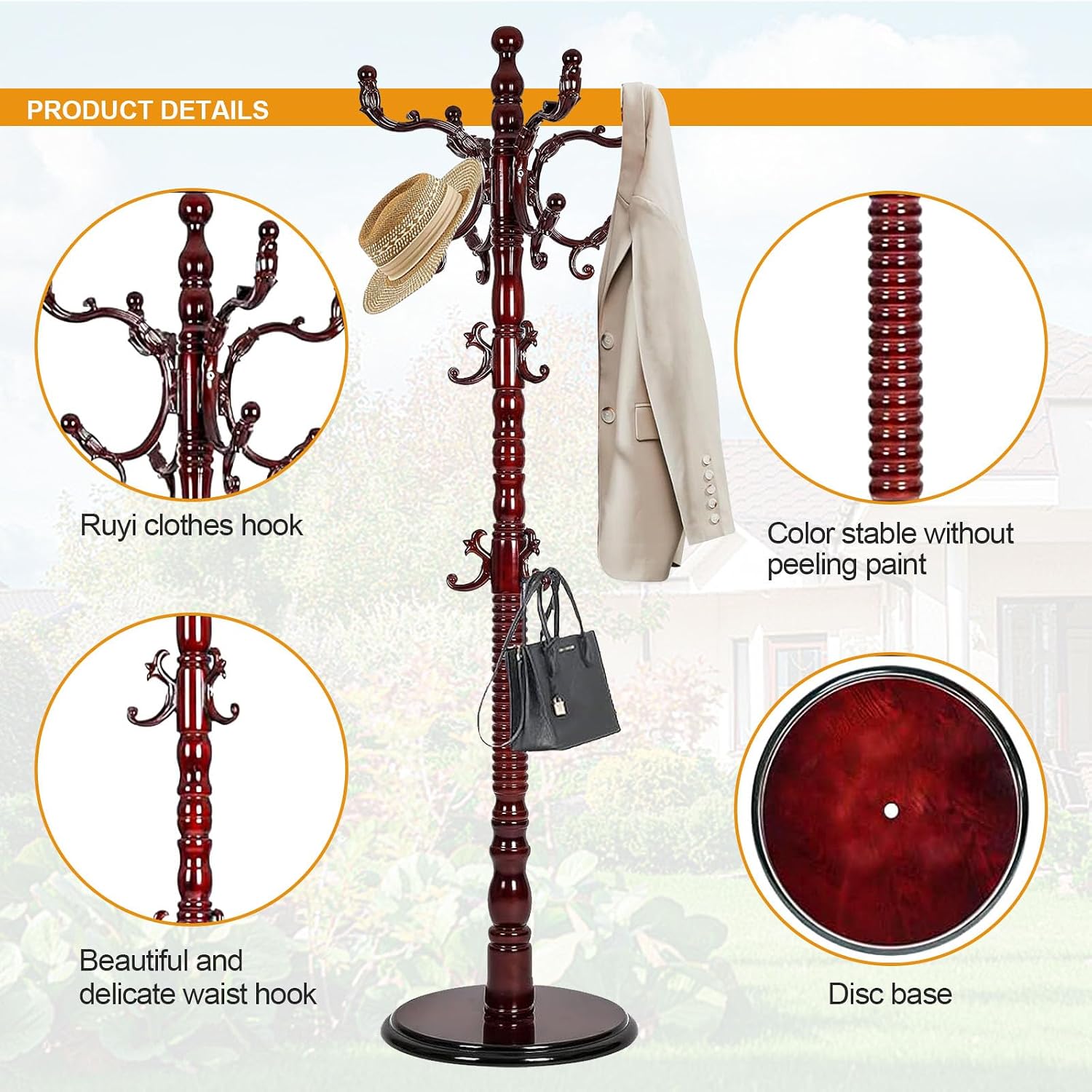 Wooden Coat Hanger Stand, Coat Rack Freestanding 18 Hooks, Mid Century Vintage Coat Tree for Entryway, Adjustable Height 73", Heavy Duty Coat stand for Home Bedroom, Office(Walnut)