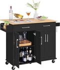 Yaheetech Kitchen Island Cart with Drop Leaf, 49" Rolling Island Table with Storage, Drawer, Kitchen Cart with Rubberwood Top, Detachable Towel & Spice Rack, Black
