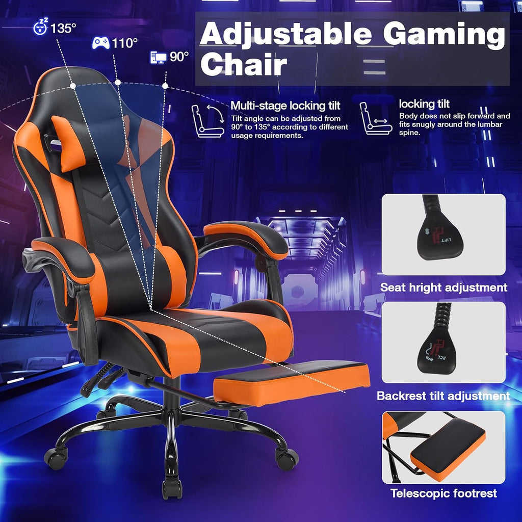 Leather Ergonomic Gaming Chair with Footrest, Comfy Orange Gaming Chair with Comfortable Headrest & Lumbar Support for Adults Women Men Boys Kids, 300 LBS Capacity (Black+Orange)