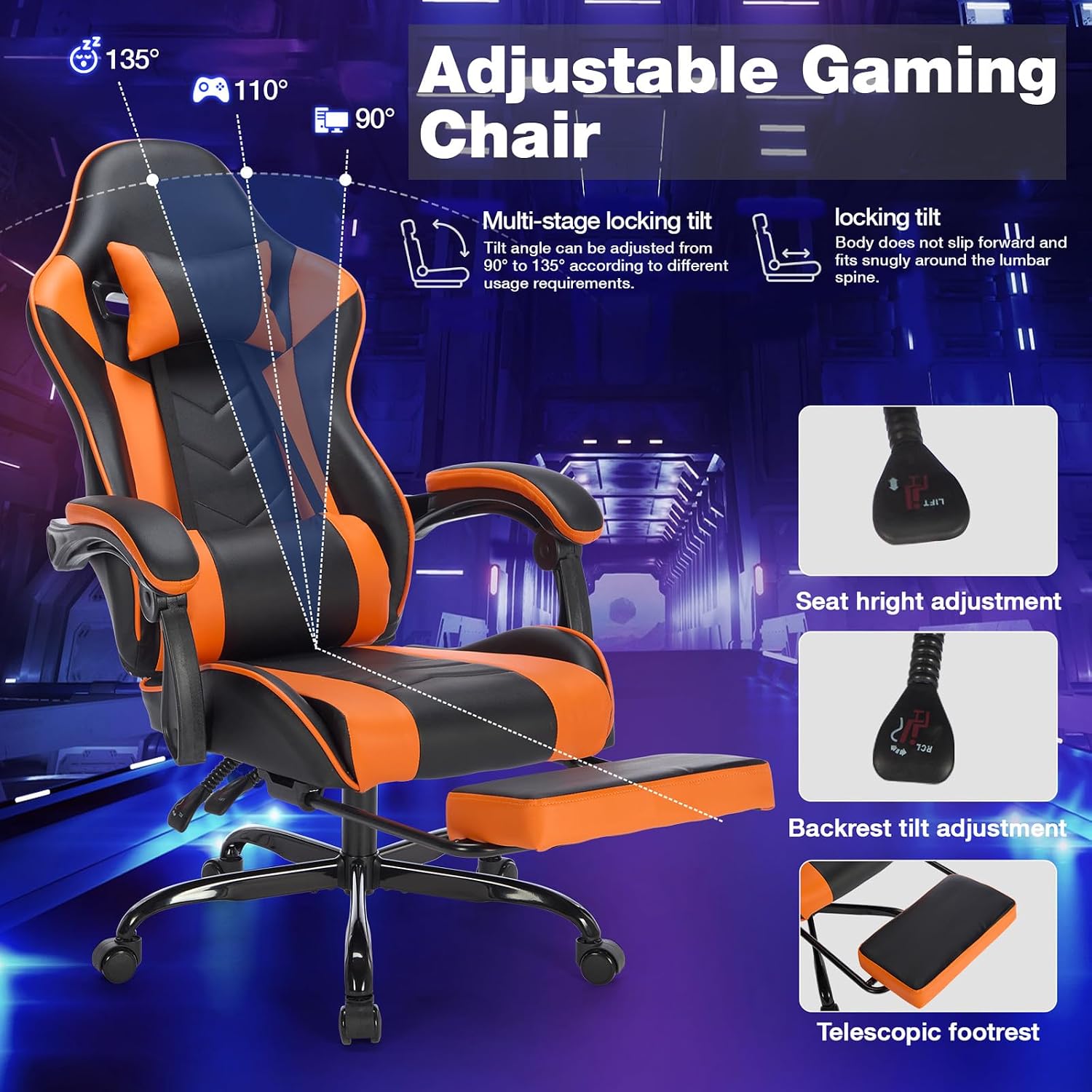 Leather Ergonomic Gaming Chair with Footrest, Comfy Orange Gaming Chair with Comfortable Headrest & Lumbar Support for Adults Women Men Boys Kids, 300 LBS Capacity (Black+Orange)