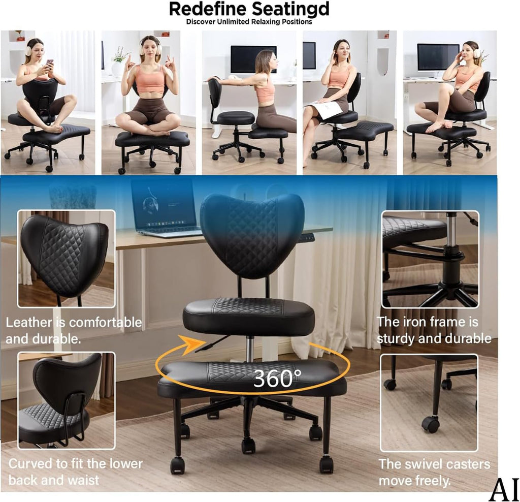 Cross Legged Ergonomic Office Chair, ADHD Meditation Chair with Lumbar Support and A Height-Adjustable Yoga Kneeling Seat Cushion, Velvet for Home Office, High Hntensity Office Work (Black)