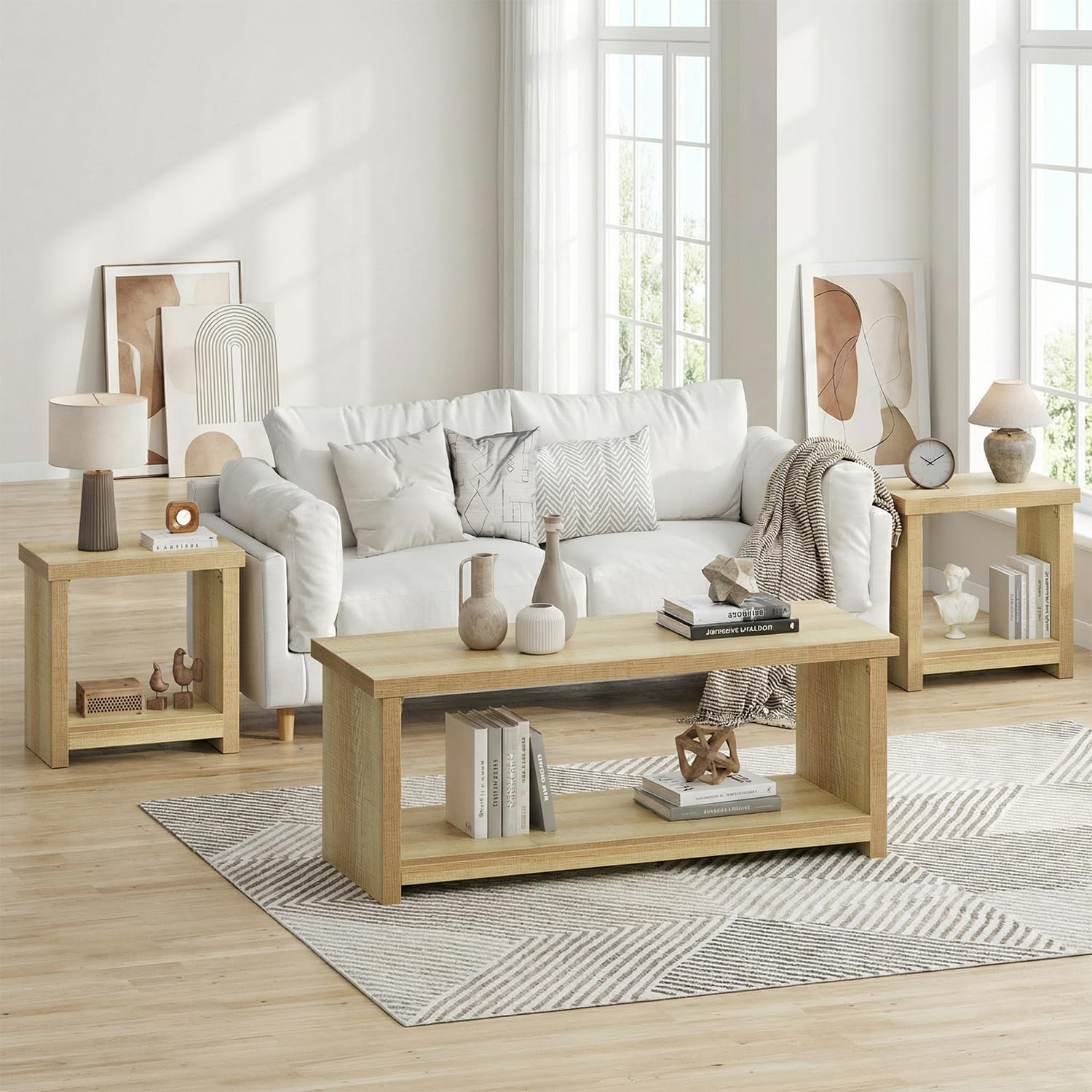 knoworld Nightstands Set of 2, End Tables Set for Bedroom, Narrow Side Tables with Shelves, Square End Table for Living Room, Slim Rectangle Accent Table, Farmhouse Bedside Table, Natural