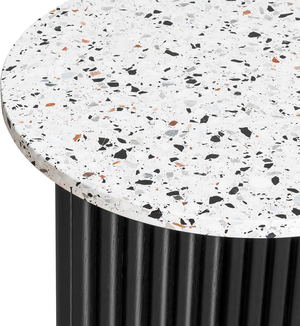 Modern Fluted Side Table, Stone End Table with Terrazzo Top & Black Fluted Ash Wood Base, 18.1" Accent Table for Living Room, Bedroom or Couch Side