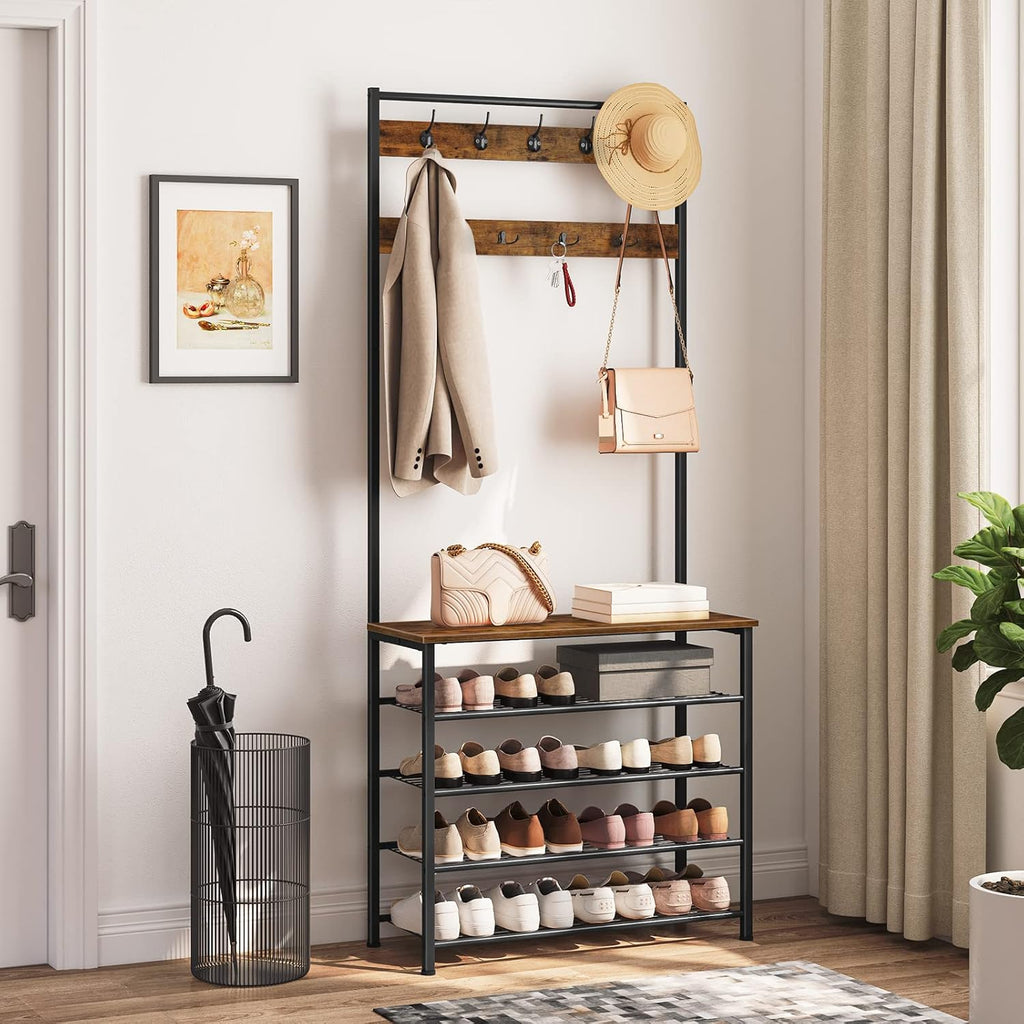 HOOBRO Hall Tree, Coat Rack with Shoe Rack, Hall Tree with Bench, 5 Tier Shoe Storage Organizer with 9 Hooks for Entryway, Closet, Sturdy, Industrial, Rustic Brown and Black BF80MT01G2