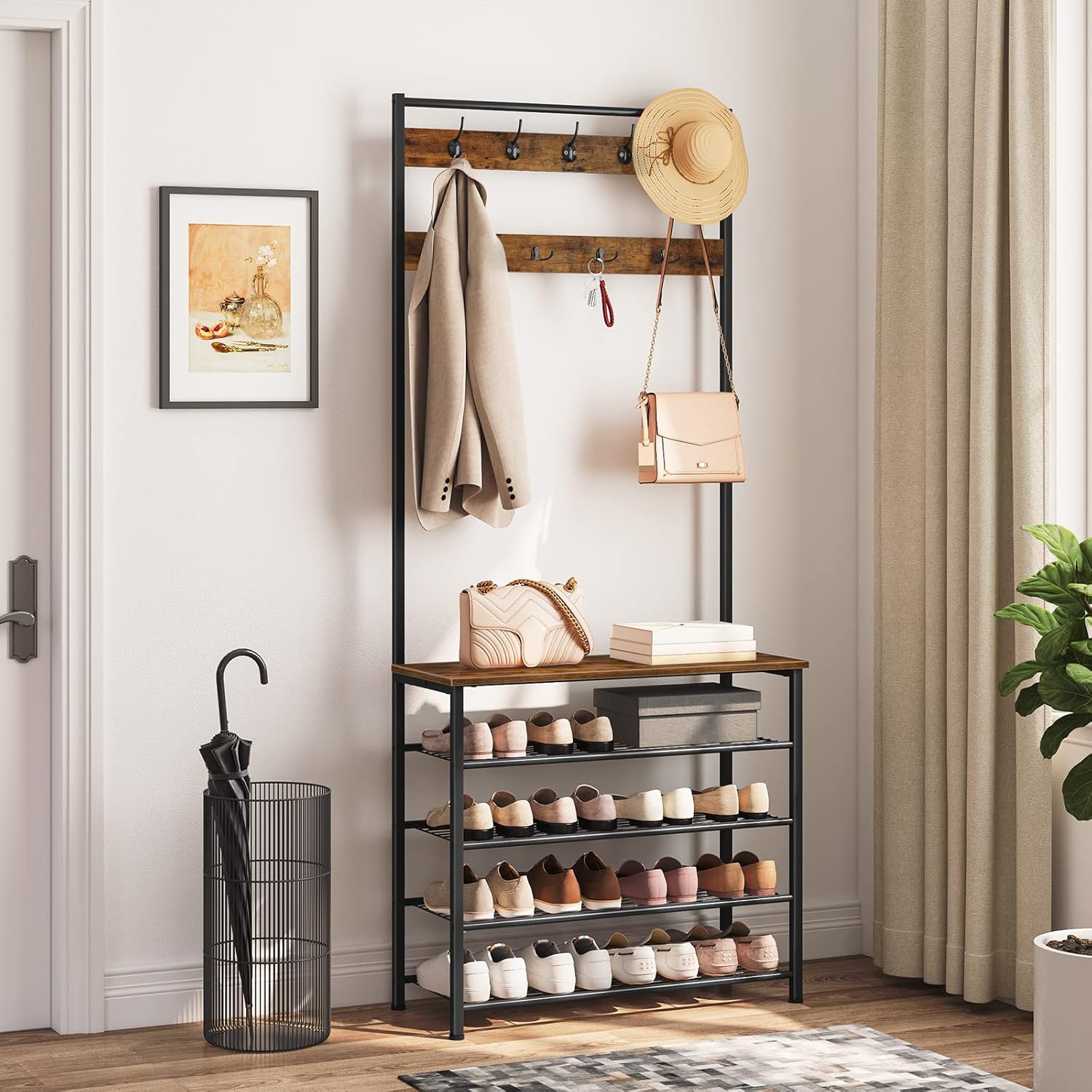 HOOBRO Hall Tree, Coat Rack with Shoe Rack, Hall Tree with Bench, 5 Tier Shoe Storage Organizer with 9 Hooks for Entryway, Closet, Sturdy, Industrial, Rustic Brown and Black BF80MT01G2
