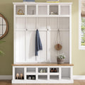 Farmhouse Wood Hall Tree with Bench and Shoe Storage, 5-in-1 Coat Rack with 6 Hooks for Entrance, Hallway White