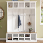 Farmhouse Wood Hall Tree with Bench and Shoe Storage, 5-in-1 Coat Rack with 6 Hooks for Entrance, Hallway White
