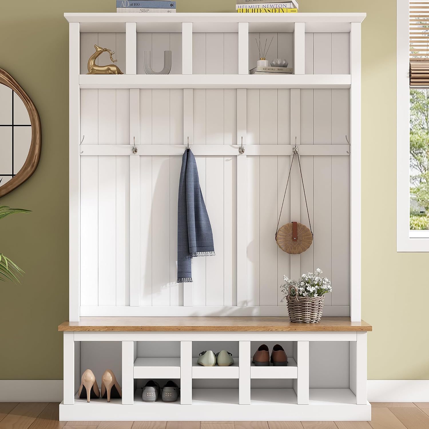Farmhouse Wood Hall Tree with Bench and Shoe Storage, 5-in-1 Coat Rack with 6 Hooks for Entrance, Hallway White