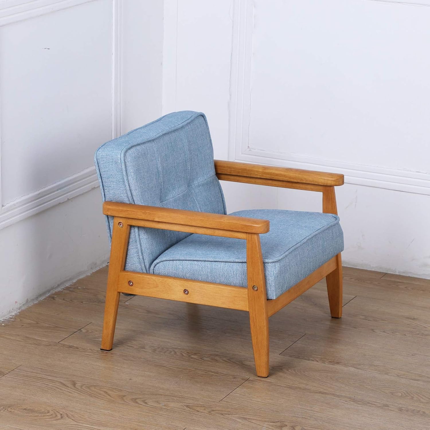 BabyLand Children Armchair, Single Kid Sofa Chair with Solid Wood Structure and Linen Fabric for Kid Gift (Light Blue)