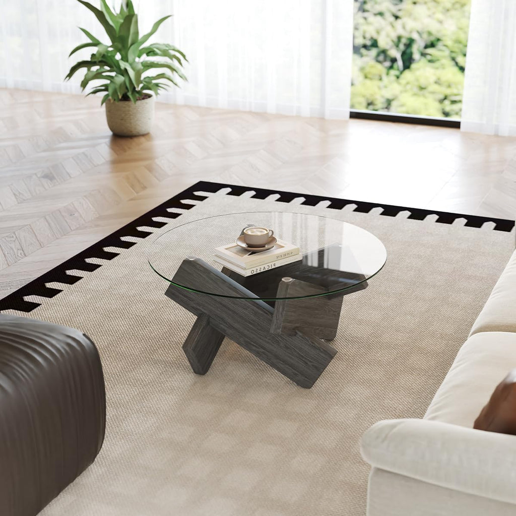 Gray Round Glass Coffee Table,33-Inch Coffee Tables for Living Room Clear Circle Accent Table Adapts to Farmhouse and Contemporary Decor