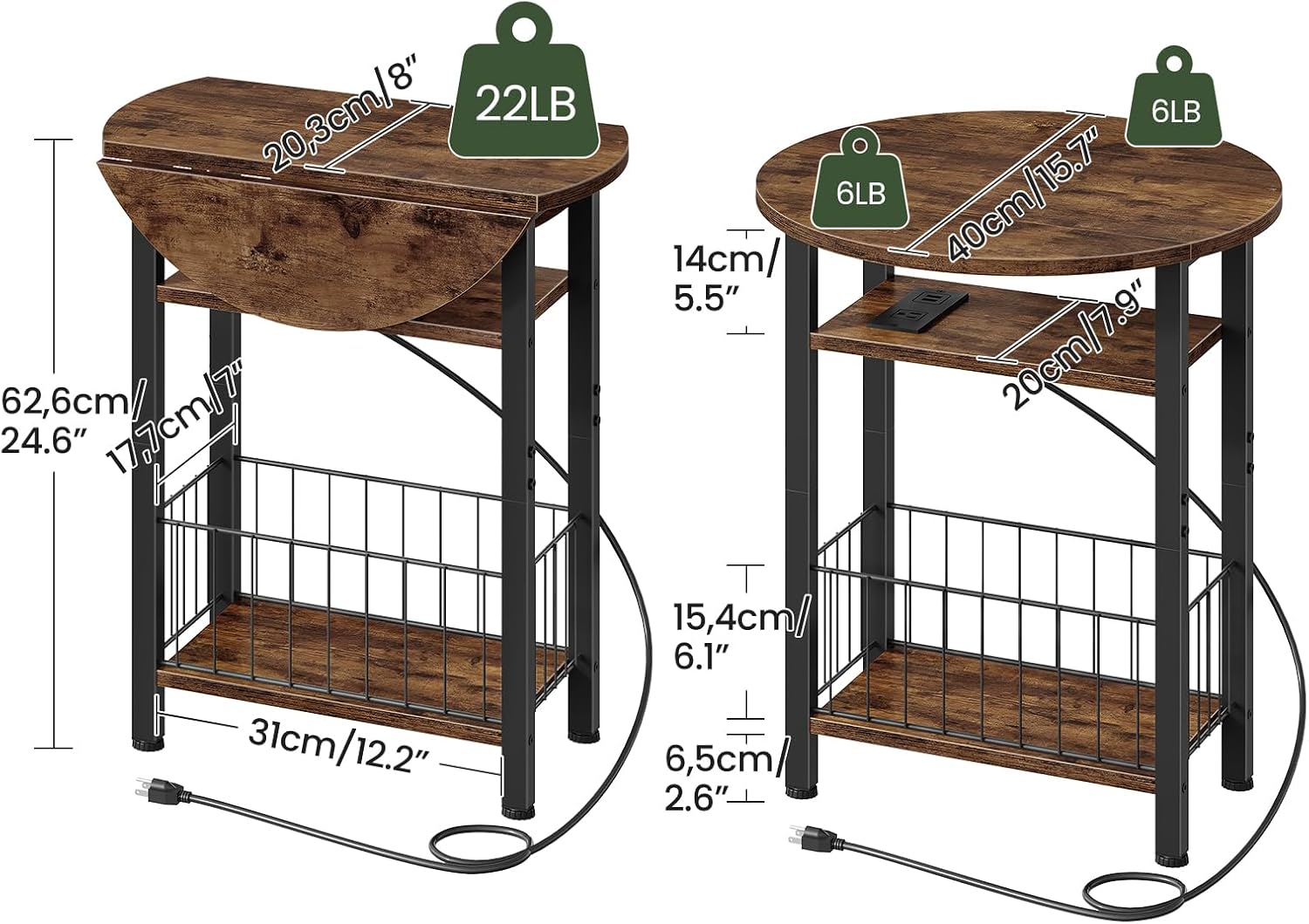 Folding Side Table with Charging Station, 3-Tier Narrow End Couch Table with Folding Top, Storage Basket, Round Side Table for Small Spaces, for Sofa Living Room, Bedroom, Rustic Brown TBZ10UBF