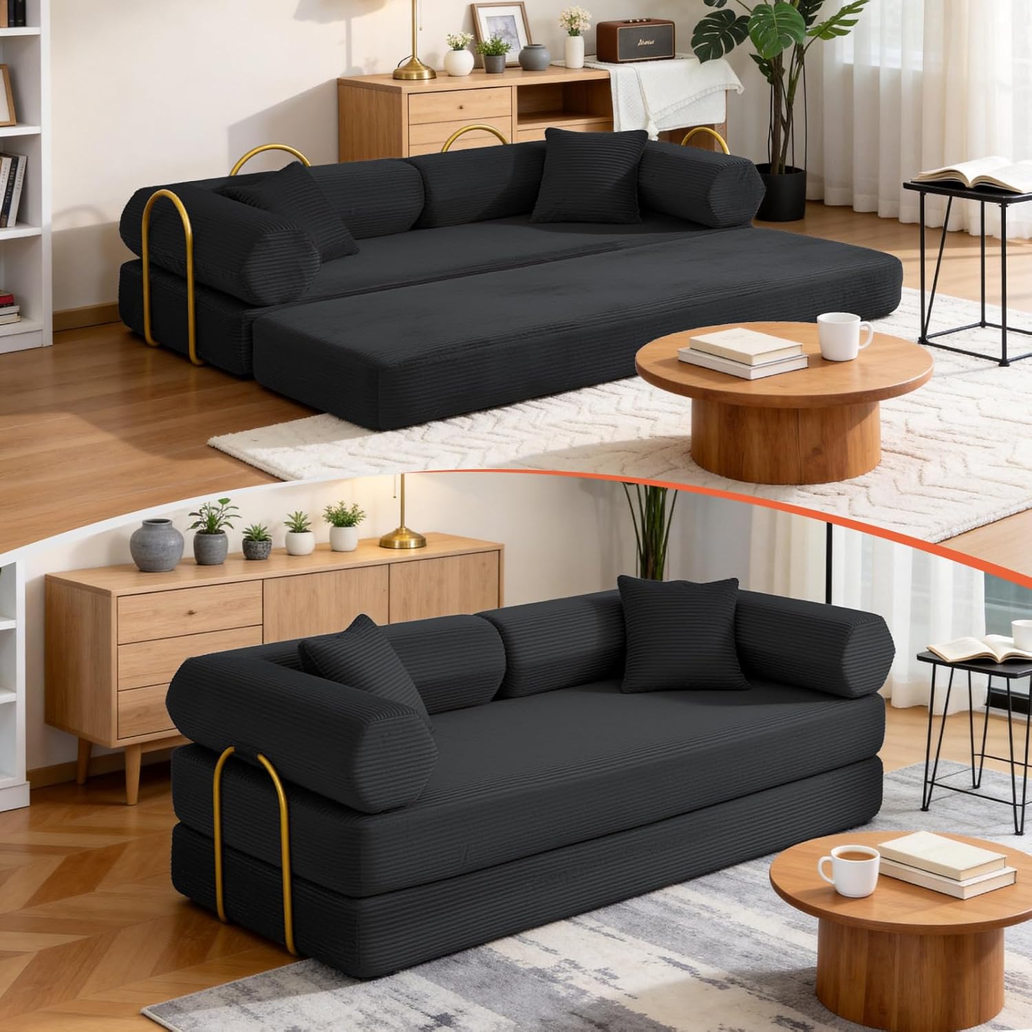 79" Corduroy Sofa Bed, Boneless Couch in a Box with 2 Pillows, High-Density Foam 4-in-1 Foldable Sleeper Futon Loveseat for Small Spaces, No Assembly, Side Pockets, Hex Arm Black