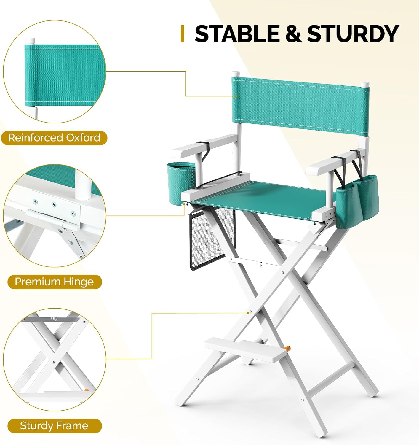 OmySalon Director's Chair 31" Height Folding Portable w/Storage Pouch & Footrest, Makeup Artist Chair for Salon, Events, Mobile, 250lb Capacity, White Wood Frame & Turquoise Canvas Seat