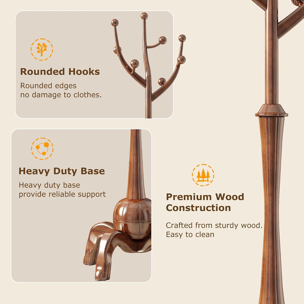 Wood Freestanding Coat Rack with 8 Hooks Coat Tree Standing,Walnut | Wooden Creative Clothes Hanger with Sturdy Sphere Base and Tree Branch Hooks 160lb Load Capacity for Entryway Hallway Bedroom