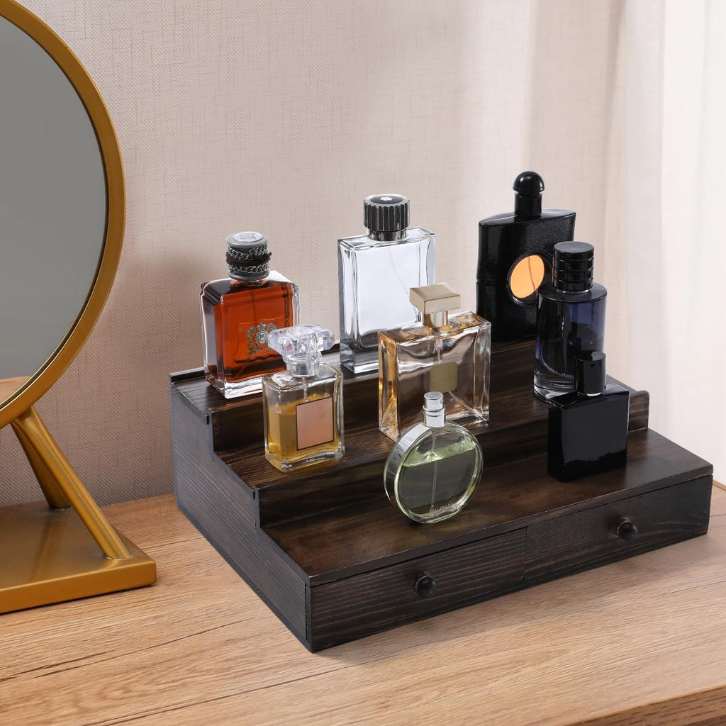 Boulphia Cologne Organizer for Men, 3-Tier Cologne Stand with Drawer and Hidden Compartment, Wooden Cologne Shelf for Perfume Display Holder, Great Gifts for Men, Vintage