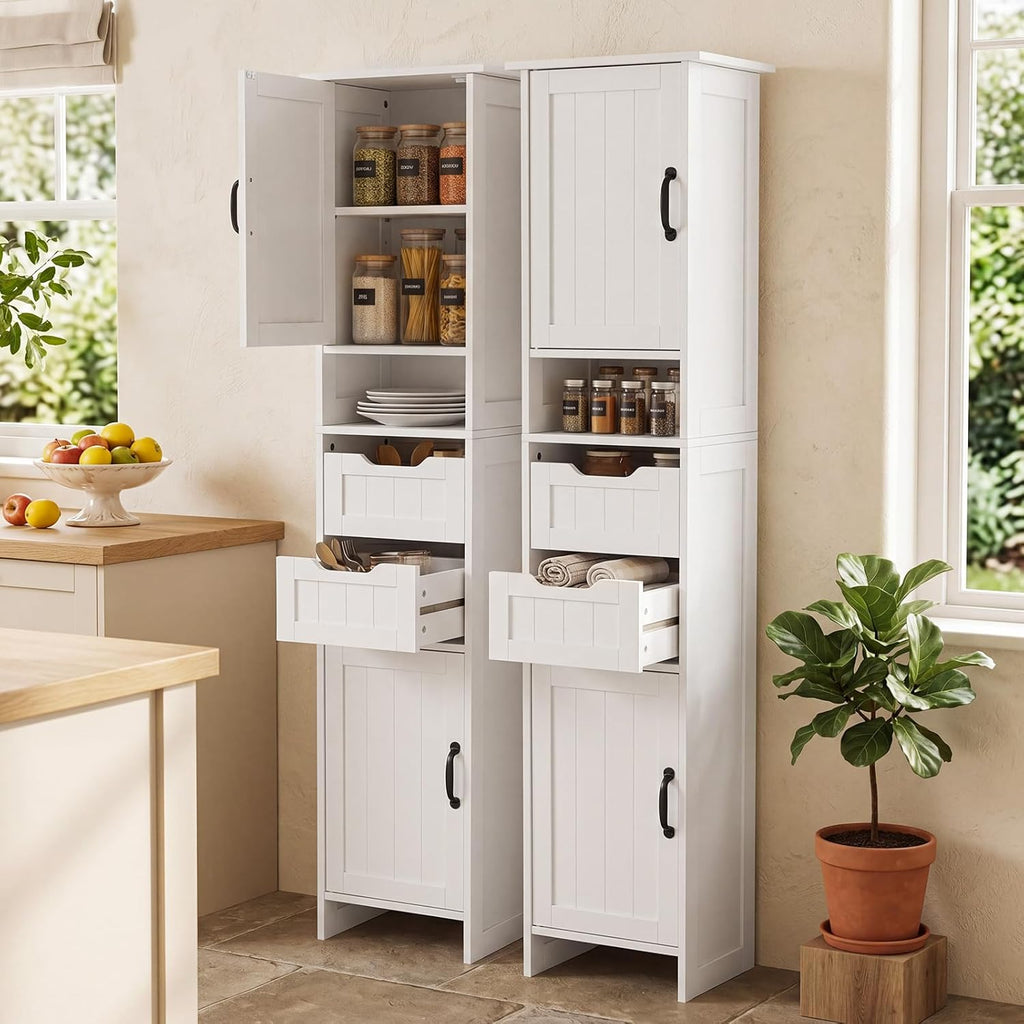 GRUSIGN 67" Tall Bathroom Storage Cabinet, Narrow Bathroom Cabinet with 2 Doors, 2 Drawers and 2 Adjustable Shelves, Slim Storage Cabinets for Kitchen, Living Room, Entryway, White