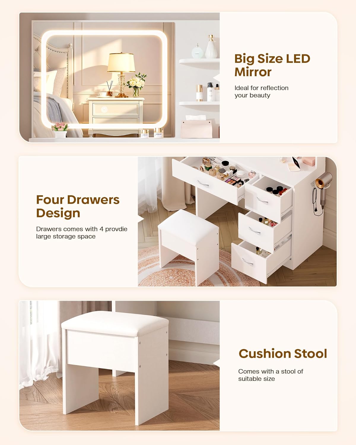 LIVELYGLOW Makeup Vanity Desk with Smart LED Mirror & Charging Station, 34.1" White Vanity Table Set with Cushioned Stool, 4 Drawers & Hairdryer Rack, Modern Bedroom Dressing Table-White