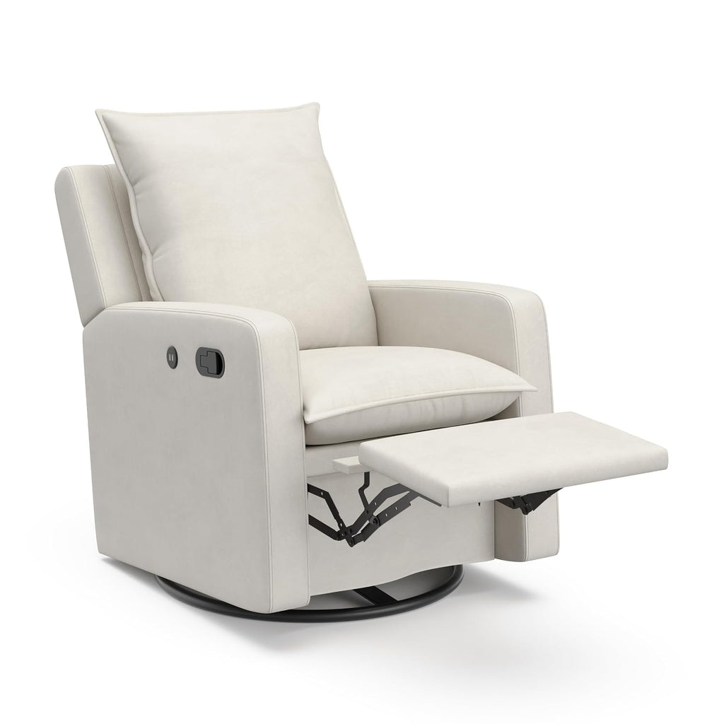 Storkcraft Timeless Reclining Glider (Ivory) -USB Charging Port, 360-Degree Metal Swivel Base, Manual Extending Foot Rest, Supportive Cushions, Durable Fabric