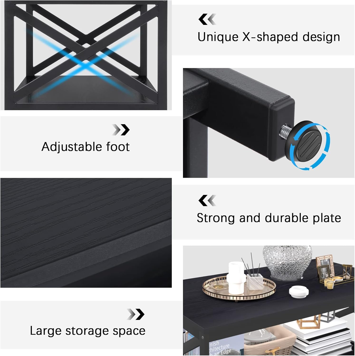 Bigbiglife Living Room Coffee Table Set of 3, Industrial X-Design Coffee Table and 2 End Side Tables, 3 Piece Living Room Table Set with Large Storage for Apartment Home (Black)