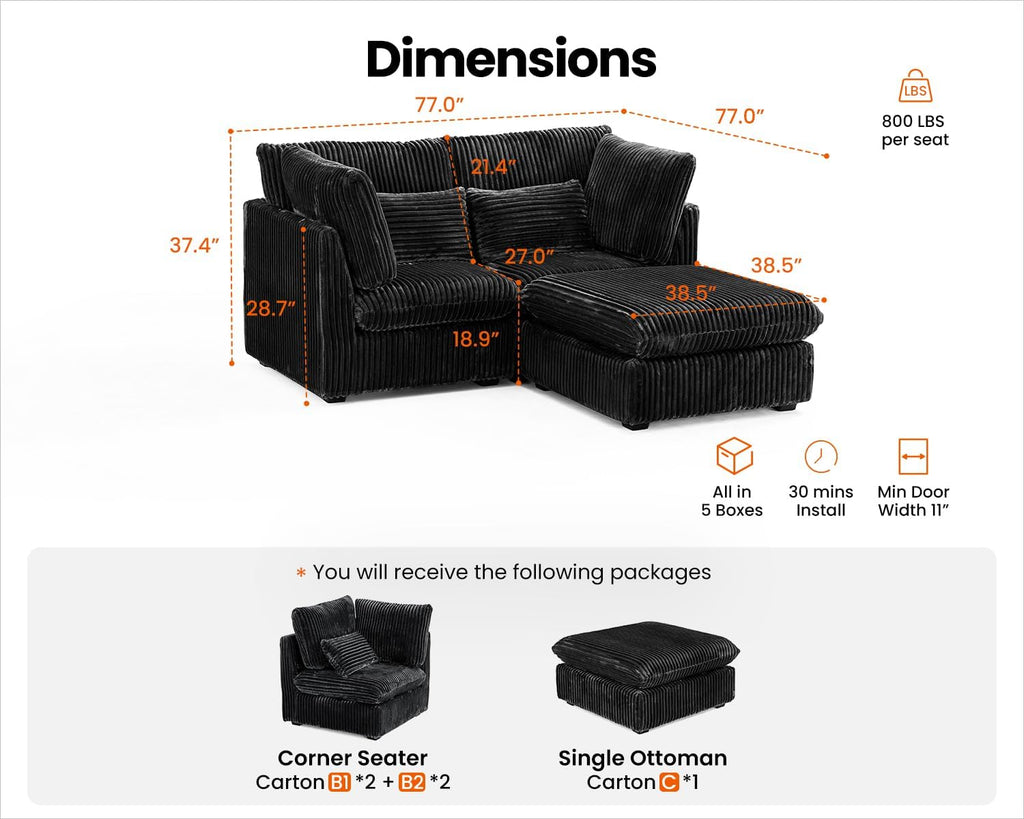 CHIC HOUSE 84" Oversized Corduroy Modular Sectional Sofa, Extra Deep 3-Seater Sofa Fluffy Cloud Couch with Ottoman, Sectional Sleeper Sofa for Living Room, L-Shaped, Plush Corduroy, Black