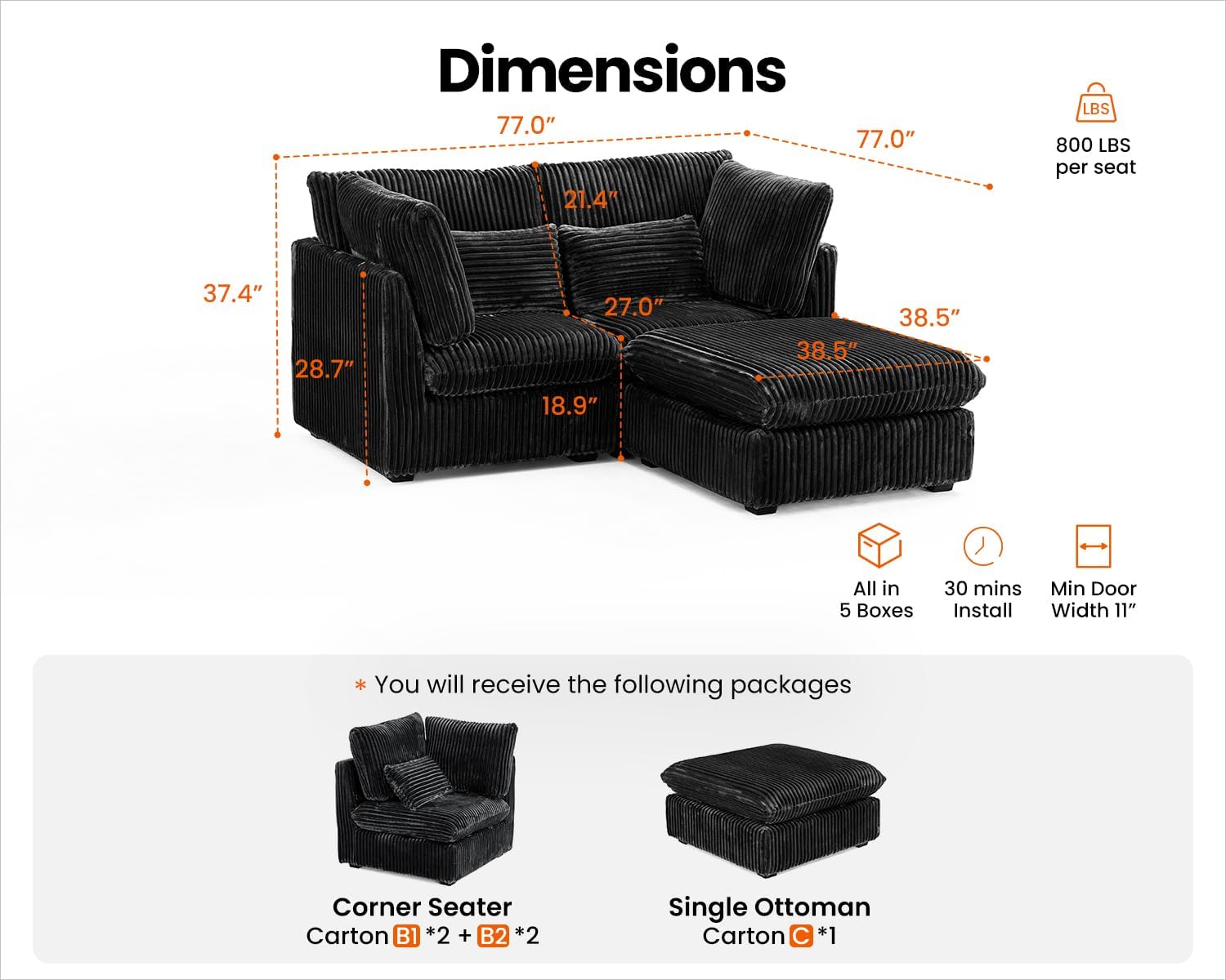 CHIC HOUSE 84" Oversized Corduroy Modular Sectional Sofa, Extra Deep 3-Seater Sofa Fluffy Cloud Couch with Ottoman, Sectional Sleeper Sofa for Living Room, L-Shaped, Plush Corduroy, Black