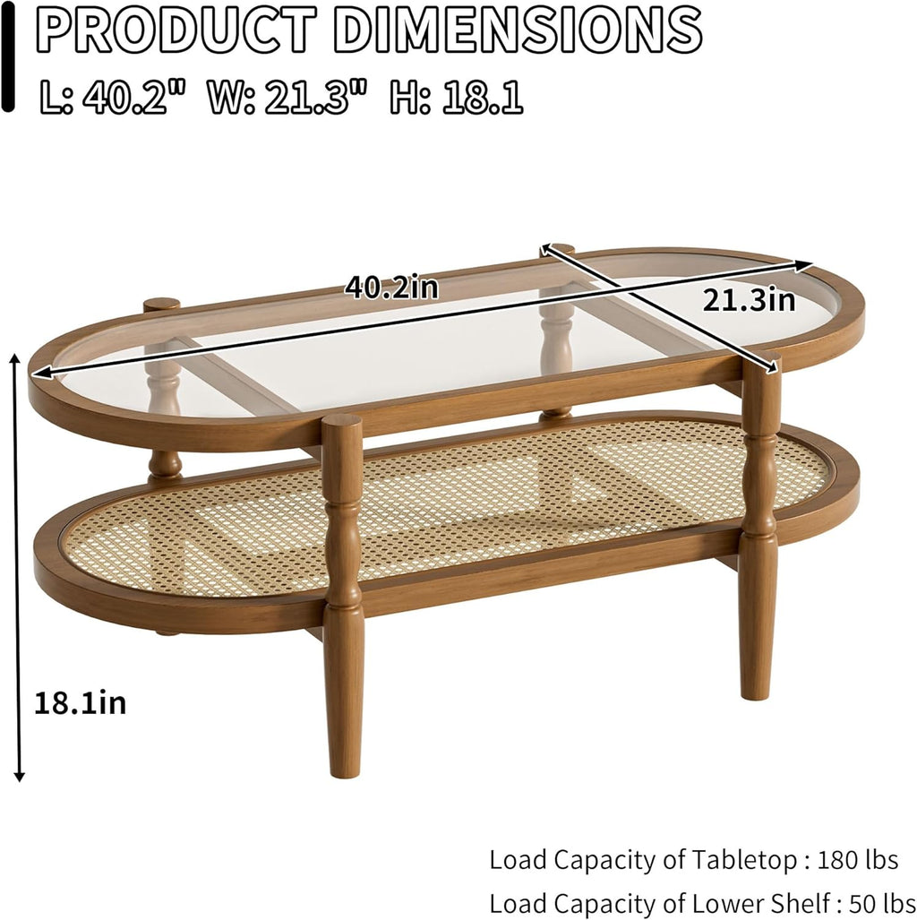 Rattan Coffee Table, Oval Cocktail Table with Glass Top and Solid Wood Frame, Boho Indoor & Outdoor Coffee Table, Brown, 40 in