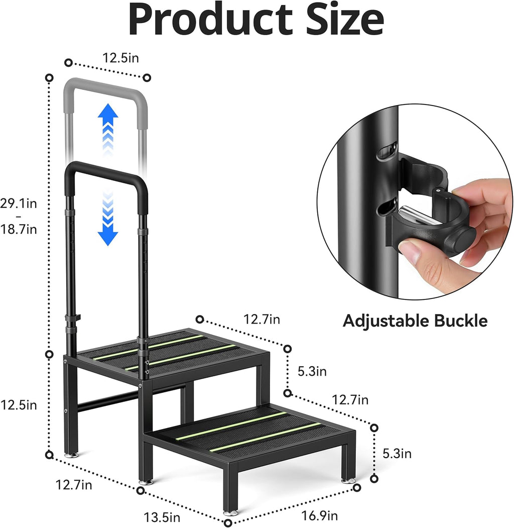 2 Step Stool with Handle, Heavy Duty Step Stool for Elderly and Adults, Adjustable Handrail with Non-Slip Platform, Bedside Steps for High Beds, Kitchen and Bathroom