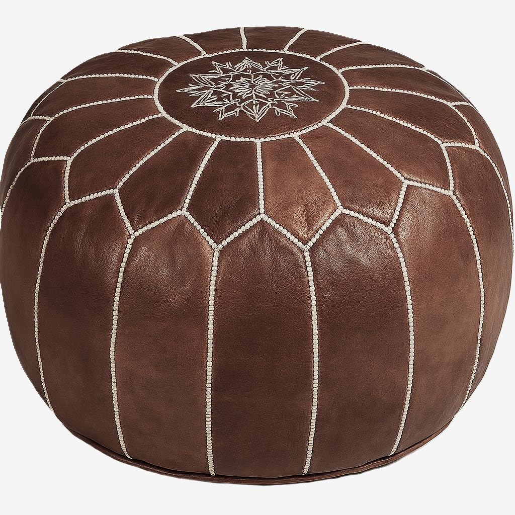 Stuffed Round Design Moroccan Leather Pouf Ottoman, Handmade, Pre-Filled, 100% Genuine Leather, 13” Height x 20” Diameter, Footstool & Living Room Décor (Dark Brown)