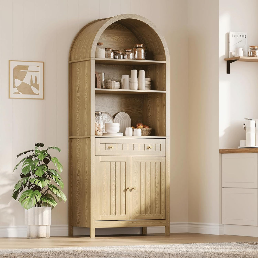 73 Inch Tall Arched Farmhouse Storage Cabinet, Freestanding Accent Cabinet with Magnetic Soft-Close Doors, 4-Position Adjustable Shelves, Anti-Tip Reinforced Frame & Leveling Feet, Rustic Wooden Cupbo