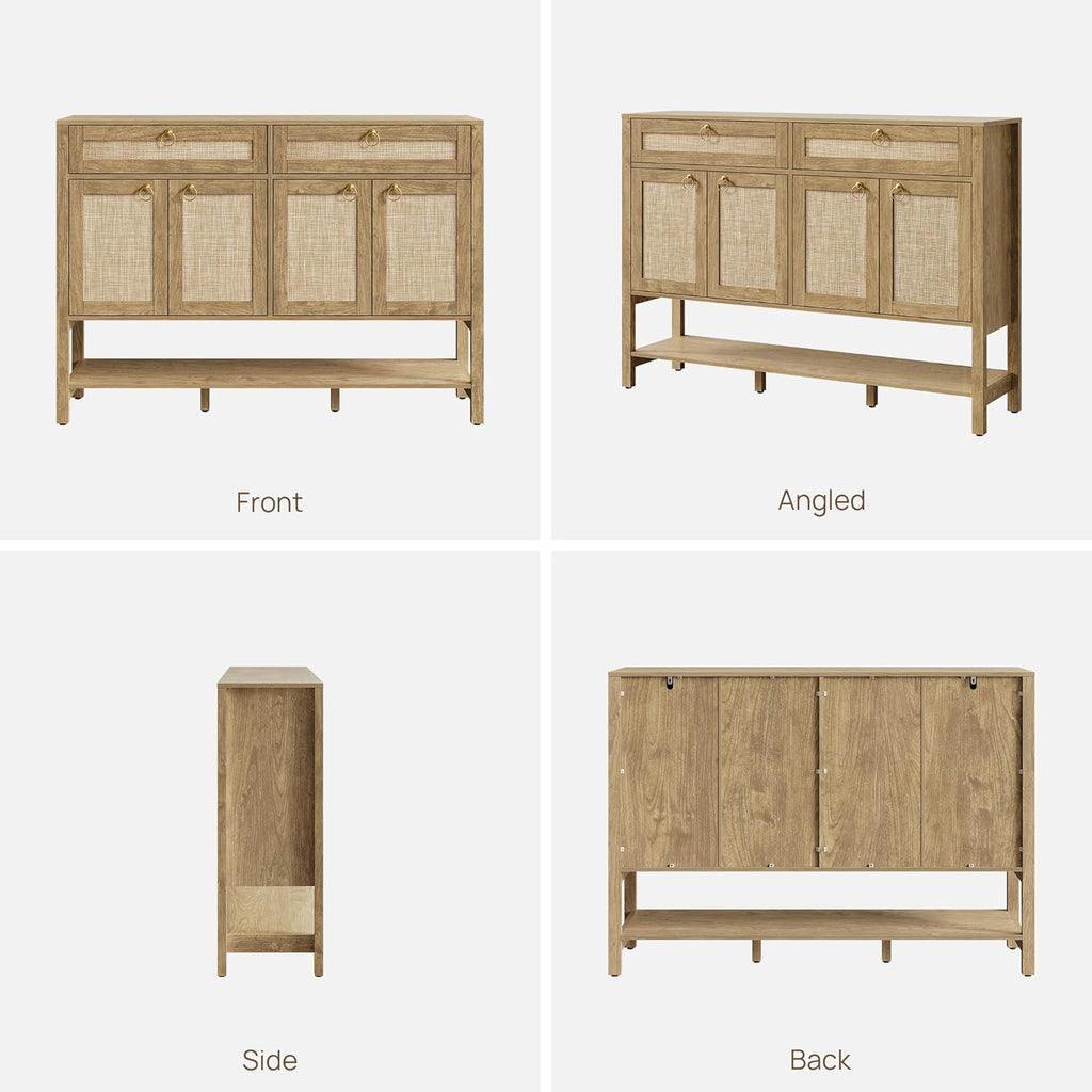 SICOTAS Rattan Sideboard Buffet Cabinet with Open Storage - Large Farmhouse Credenza with 4 Doors & 2 Drawers, Boho Coffee Bar Cabinets Buffet Console Table for Kitchen, Hallway