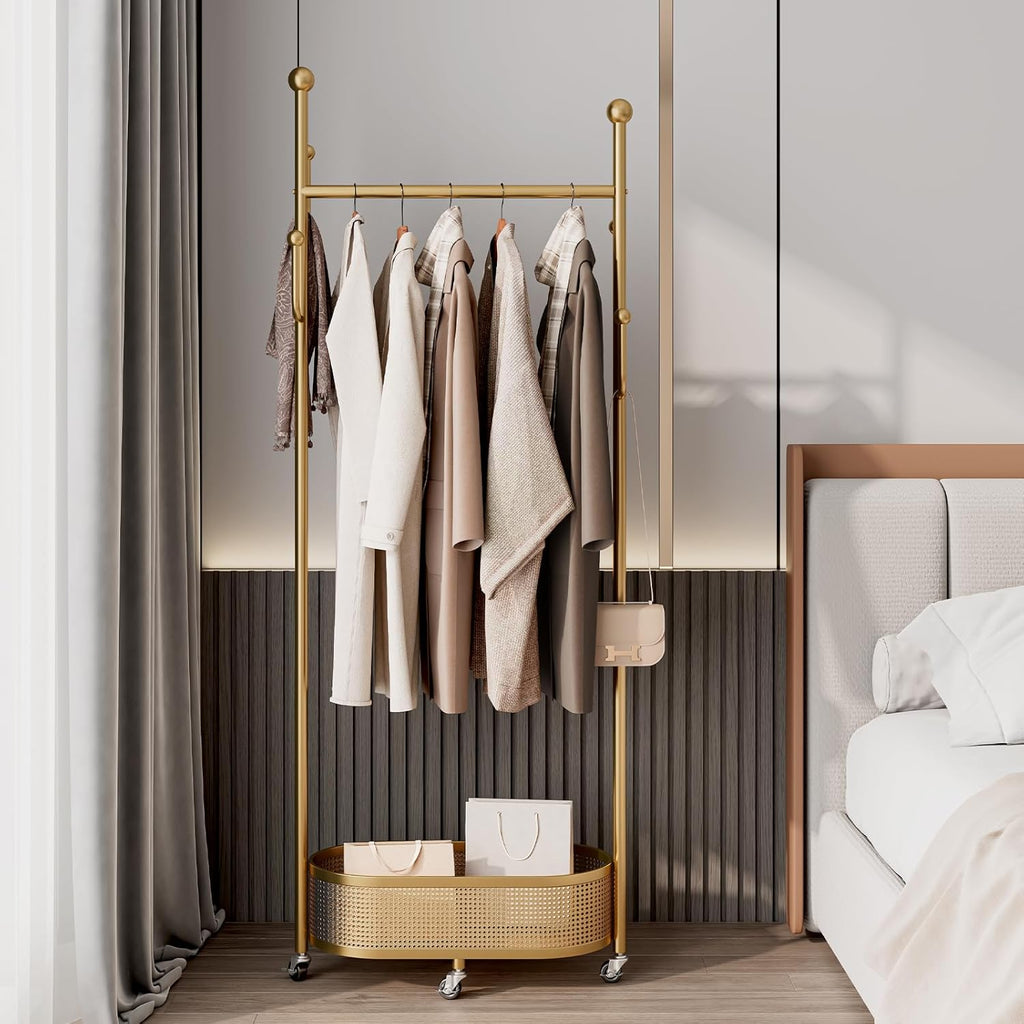 Multifunctional coat rack with storage basket 360° movable rotation｜Bedroom and living room storage artifact｜Hanging clothes/hats/bags/scarves｜Space-saving and stylish home｜Home essential