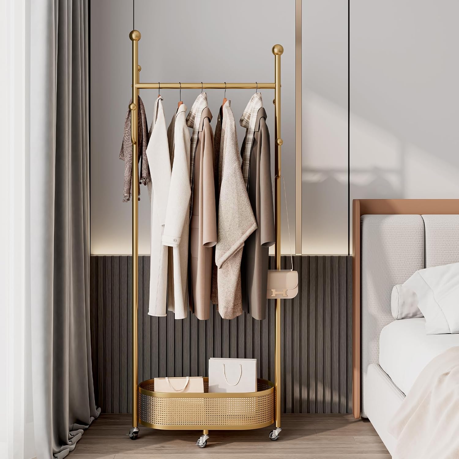 Multifunctional coat rack with storage basket 360° movable rotation｜Bedroom and living room storage artifact｜Hanging clothes/hats/bags/scarves｜Space-saving and stylish home｜Home essential