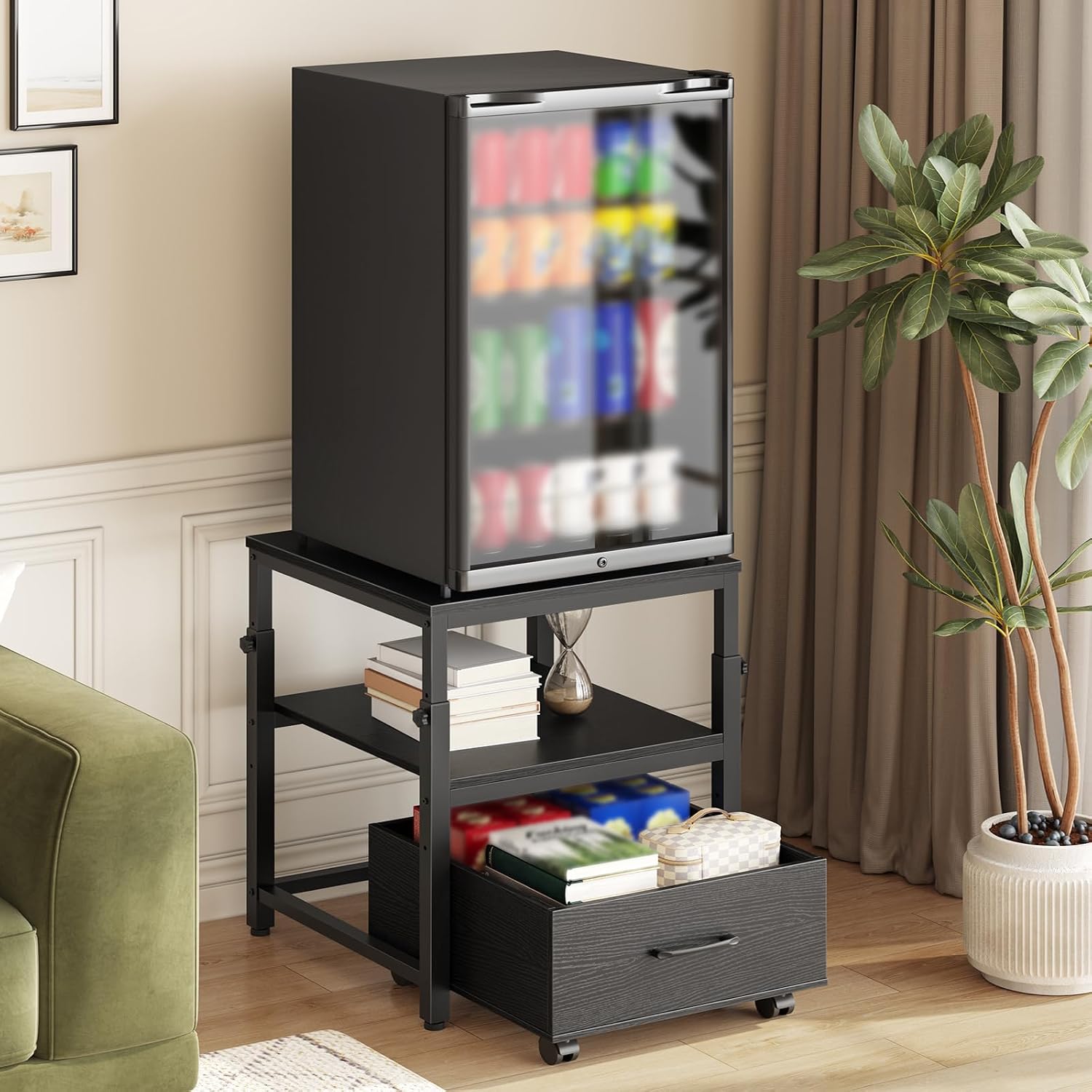 HOOBRO Mini Fridge Stand with Storage Basket, Height-Adjustable Mini Fridge Cabinet, Mini Fridge Stand with Wheels and Adjustable Feet, for Kitchen, Living Room, Black BB455BX01
