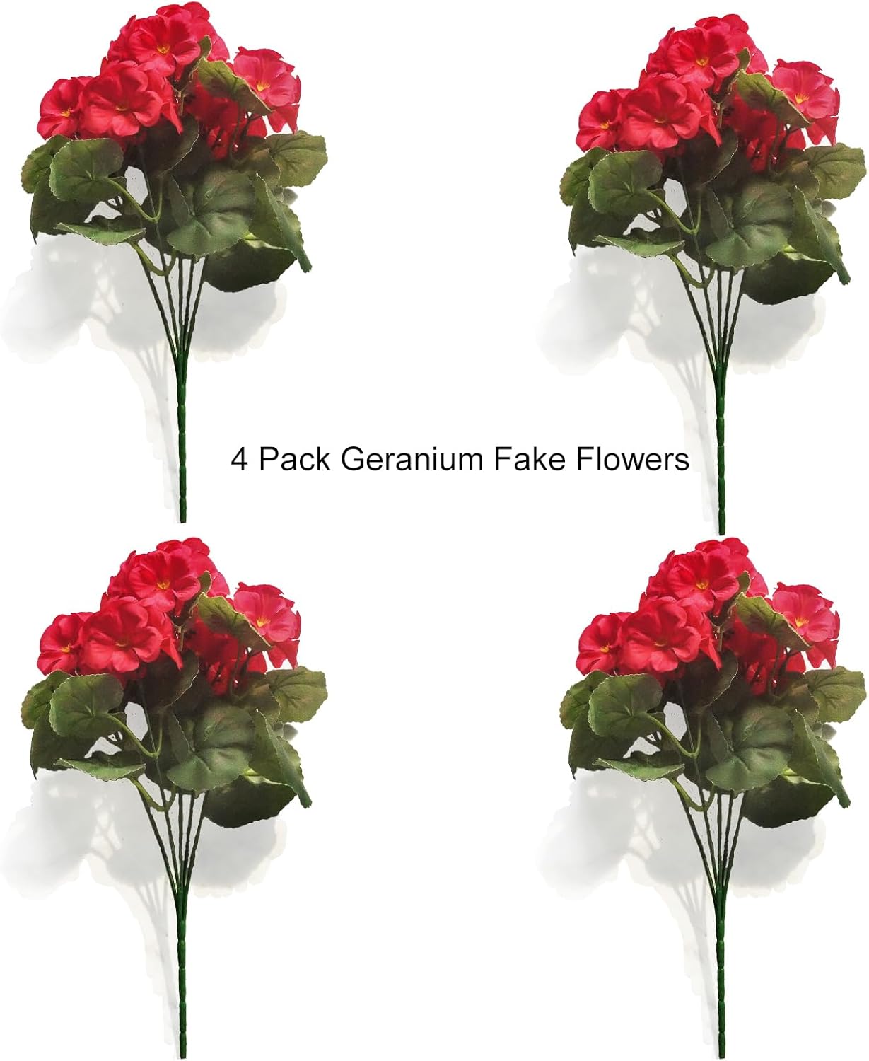 Artificial Geranium Fake Flowers for Outdoors Decoration, 4 Bundles Silk Geraniums Red Flower UV Resistant Look Real Faux Plants for Front Door Garden Porch Planter Patio Balcony Yard Indoor Home