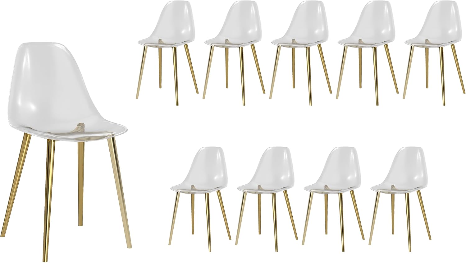 Baysitone Clear Dining Chairs Set of 10, Modern Kitchen Chairs with Transparent Seat, Acrylic Accent Side Chairs with Plating Metal Legs for Dining Room, Kitchen, Living Room with Gold