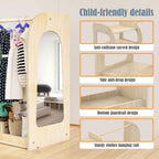 Kids Dress Up Storage with Mirror, Wooden Kids Dress Up Rack for Little Girls and Boys, Kid Wardrobe Closet with Storage Shelf