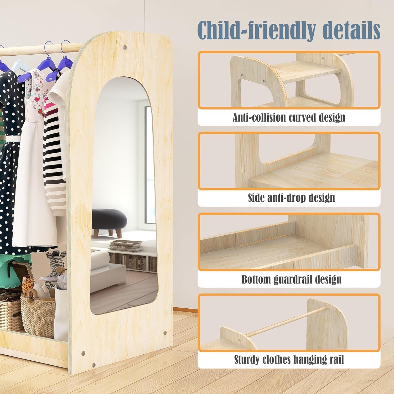 Kids Dress Up Storage with Mirror, Wooden Kids Dress Up Rack for Little Girls and Boys, Kid Wardrobe Closet with Storage Shelf