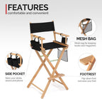 OmySalon 31" Extra Tall Directors Chair - Portable Folding Makeup Chair with Storage Bag & Footrest, Professional for Salon/Outdoor/Craft Shows, 250lbs Capacity (Black/Natural Frame)