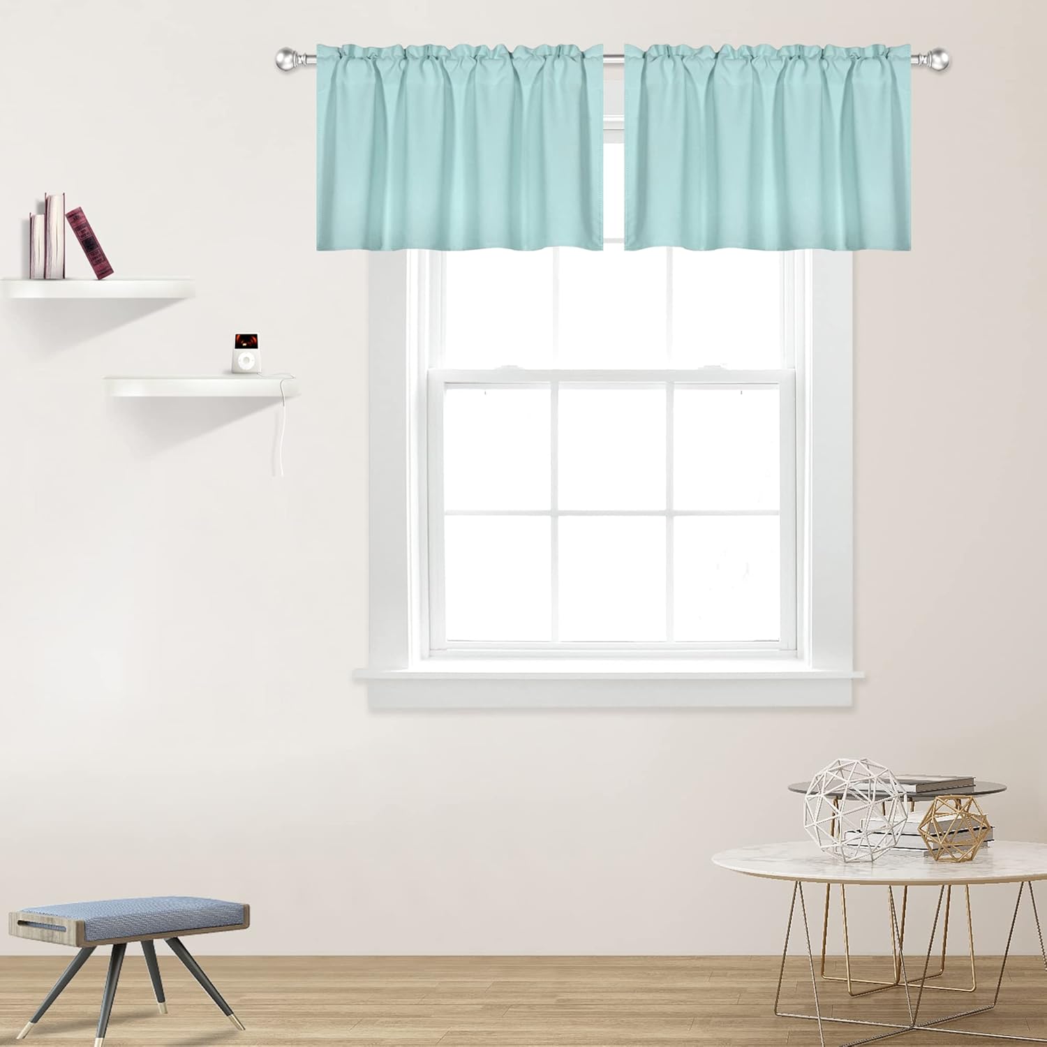 DECOVSUN Aqua Blue Valance for Windows 42x18 Inch Solid Thermal Insulated Blackout Rod Pocket Kitchen Short Curtain Toppers Valance for Bathroom Living Room 2 Panels