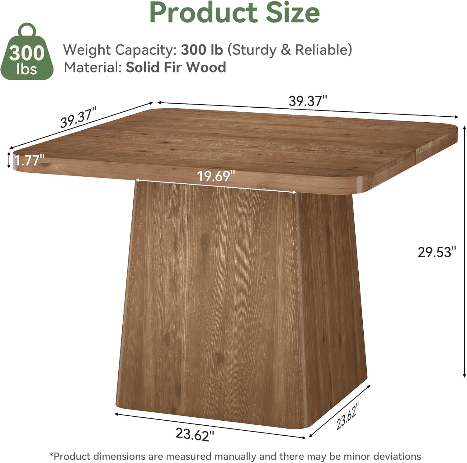Solid Wood Dining Table with Pedestal Base, 39" Farmhouse Square Rustic Kitchen Table, Accent Modern Kitchen & Dining Room Furniture for Small Spaces, Apartment, Restaurant