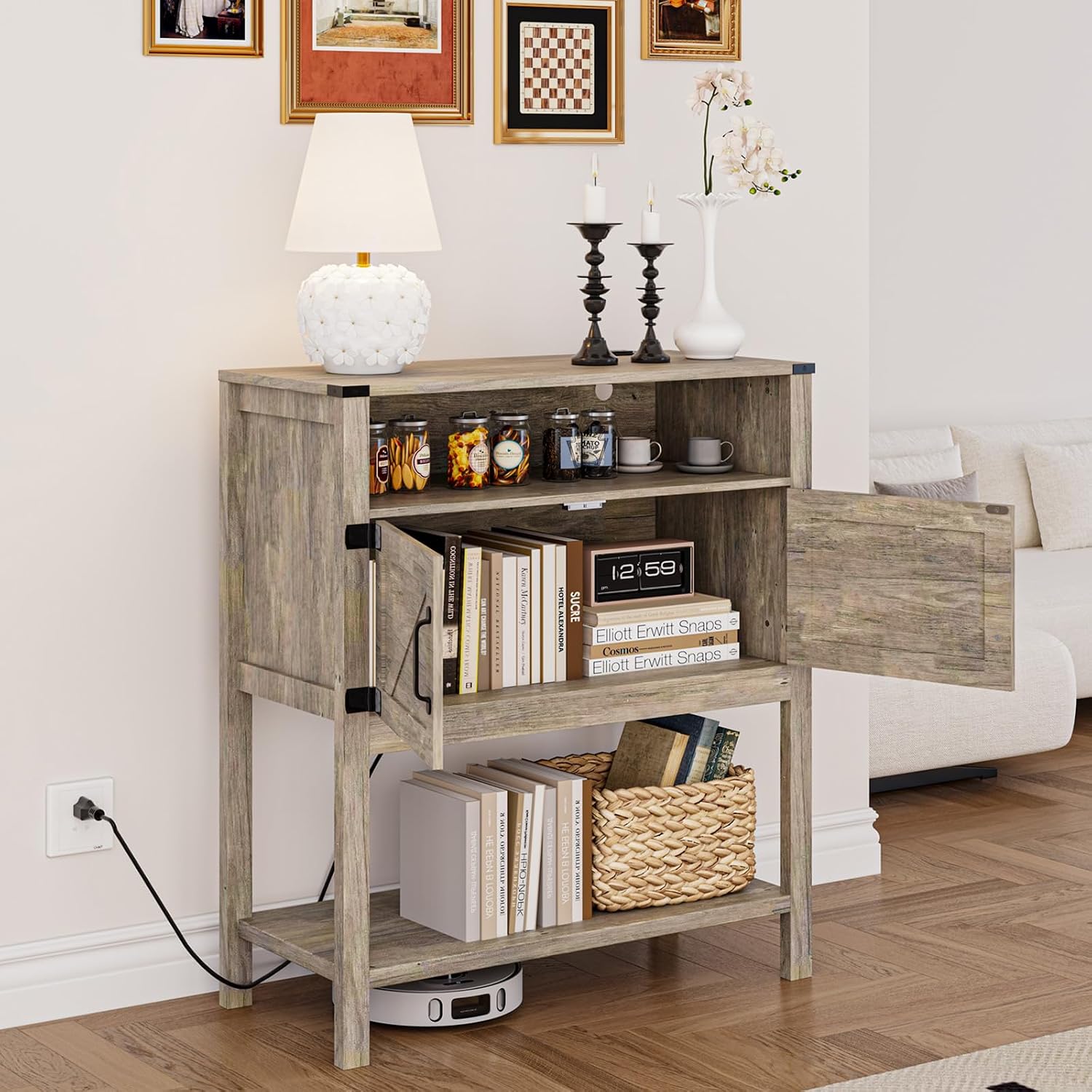 M METERXITY 31.5" W Coffee Bar Cabinet with Outlets, 2-Door Farmhouse Console Table Sofa Storage Cabinet Narrow Buffet Sideboard for Kitchen, Pantry, Entryway, Hallway, Dining (Light Oak)