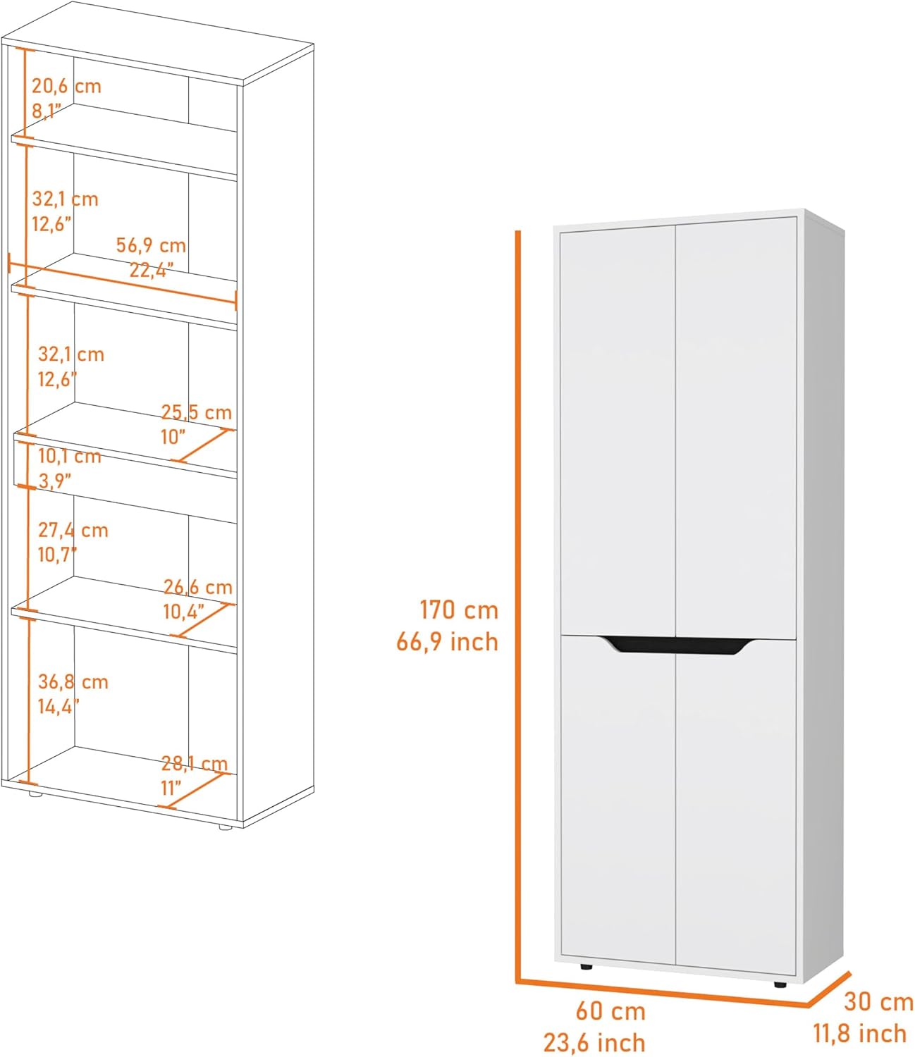 White Kitchen Pantry with Double Doors - 5-Tier Storage Shelves - Modular Design