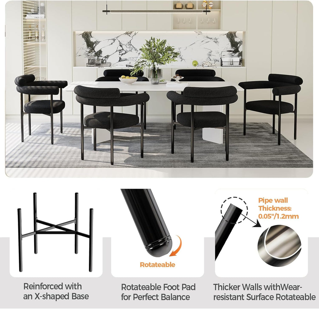 STHOUYN Modern Black Dining Chairs Set of 4 for Kitchen & Dining Room, Boucle Dining Chair with Arms, Barrel Dinner Chairs with Metal Legs & Curved Backres (4PCS, Black)