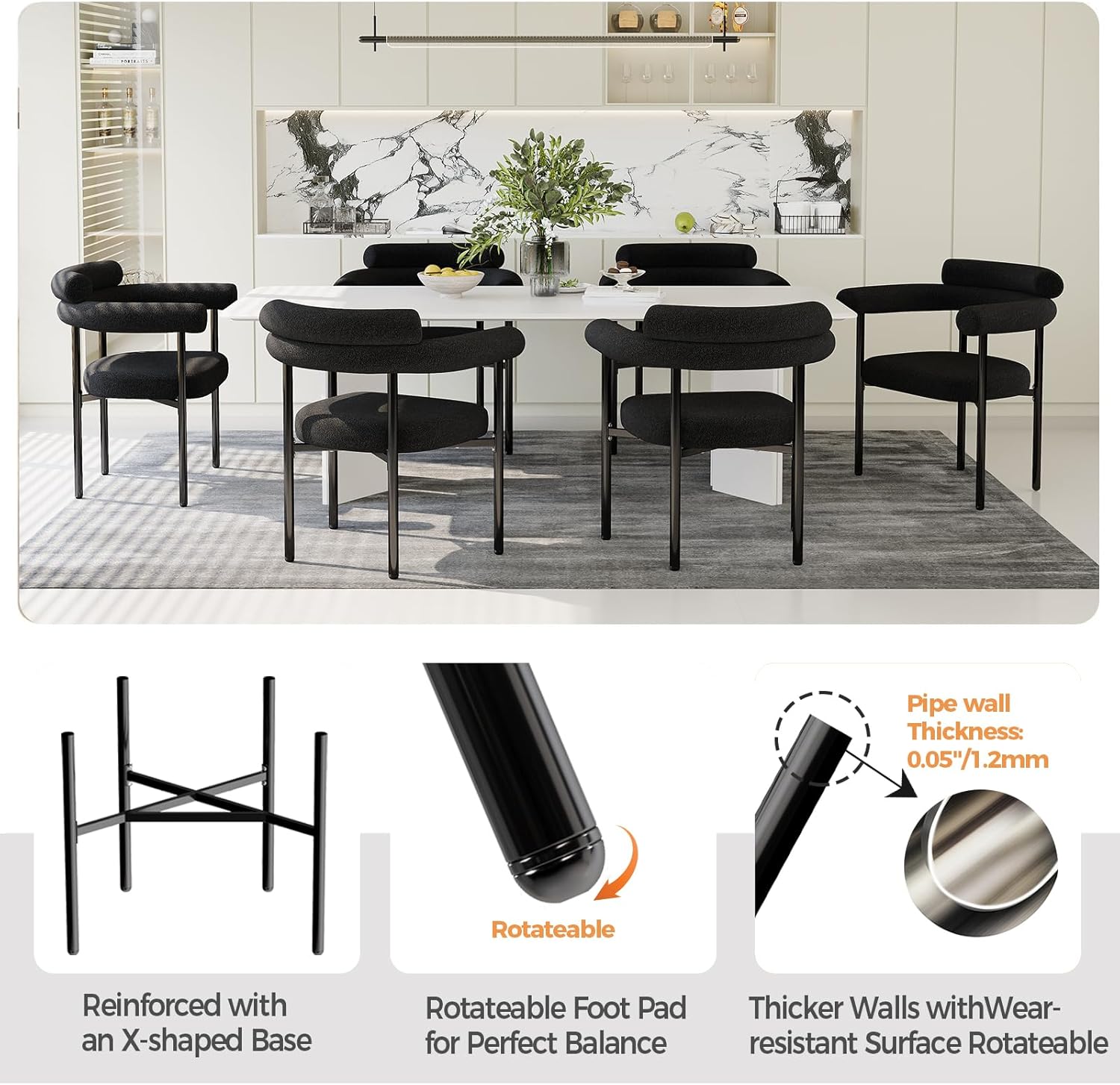 STHOUYN Modern Black Dining Chairs Set of 4 for Kitchen & Dining Room, Boucle Dining Chair with Arms, Barrel Dinner Chairs with Metal Legs & Curved Backres (4PCS, Black)