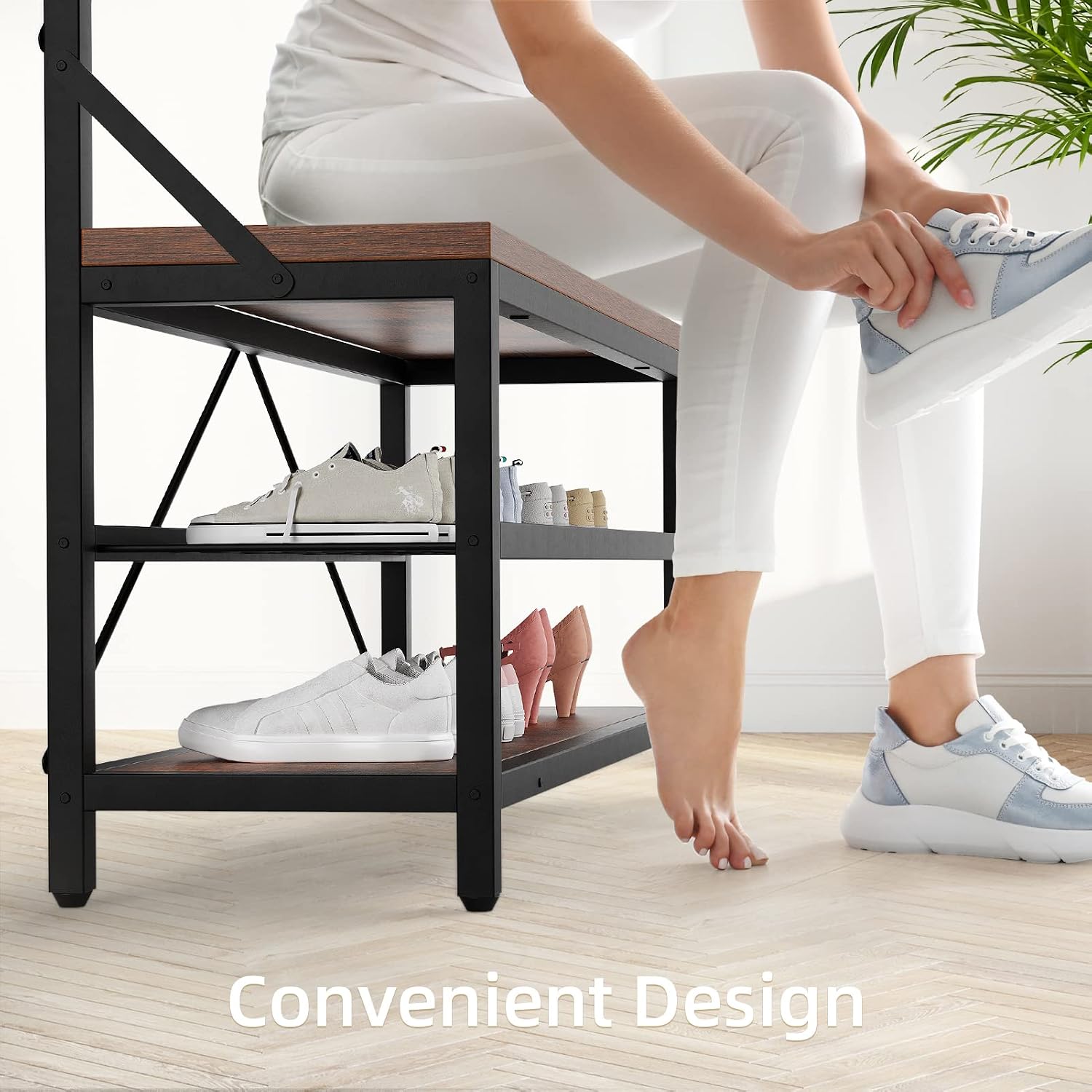 Amyove Large Coat Rack Shoe Bench Hall Tree Shoe Rack for Entryway 3-Tier Storage Shelf and Hooks Removable Industrial Accent Furniture Metal Frame 39.9"x15.7"x72"