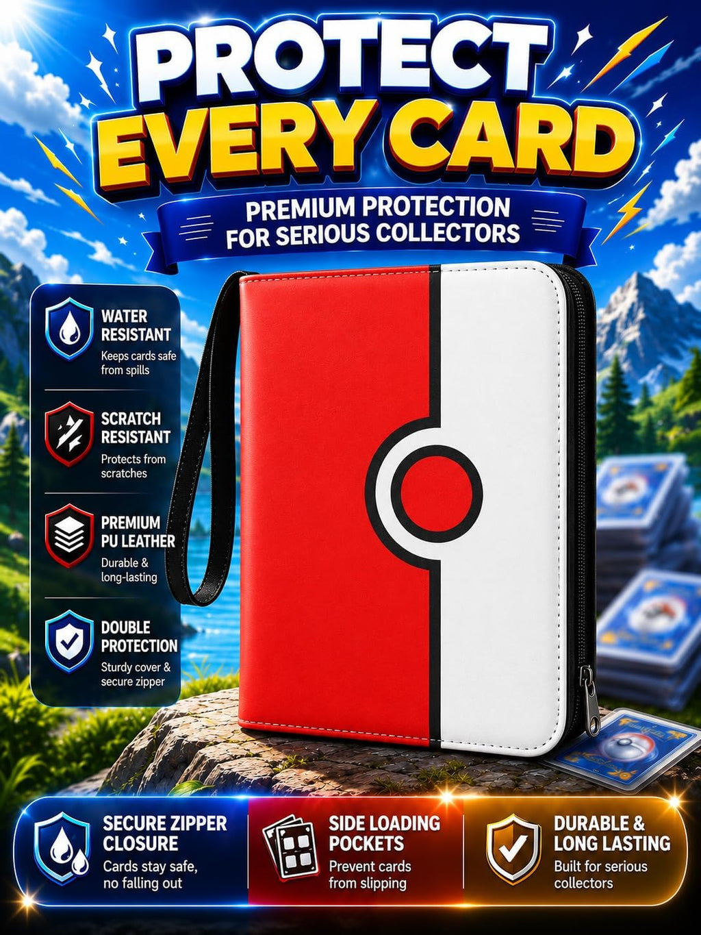 Collectible Trading Card Binder, 400 Pockets Card Holder with 50 Removable Sleeves, Portable Collection Binder Album Book Case Storage, Zipper Card Protective Sleeves for TCG, Sports Card