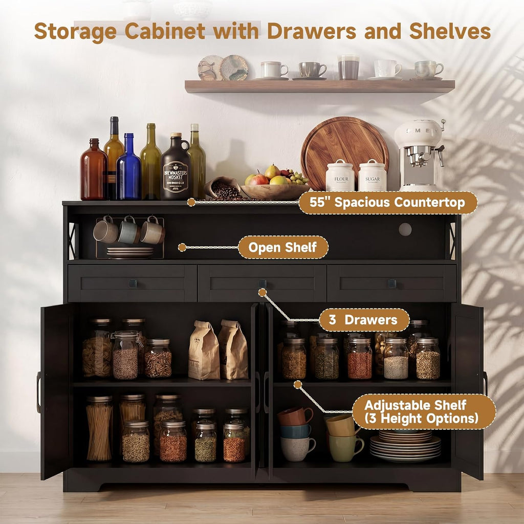 Sideboard Buffet Cabinet with Storage, 55" Kitchen Buffet Cabinet with Charging Station, Farmhouse Coffee Bar Station with Drawers and Doors, Credenza for Kitchen Living Room Entryway, Dark Brown