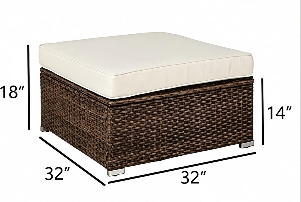 COSIEST 2 Piece Wicker Outdoor Ottoman Set, Patio Footstools with Removable Thick Cushions, Rattan Footrests for Deck, Backyard, Poolside, White