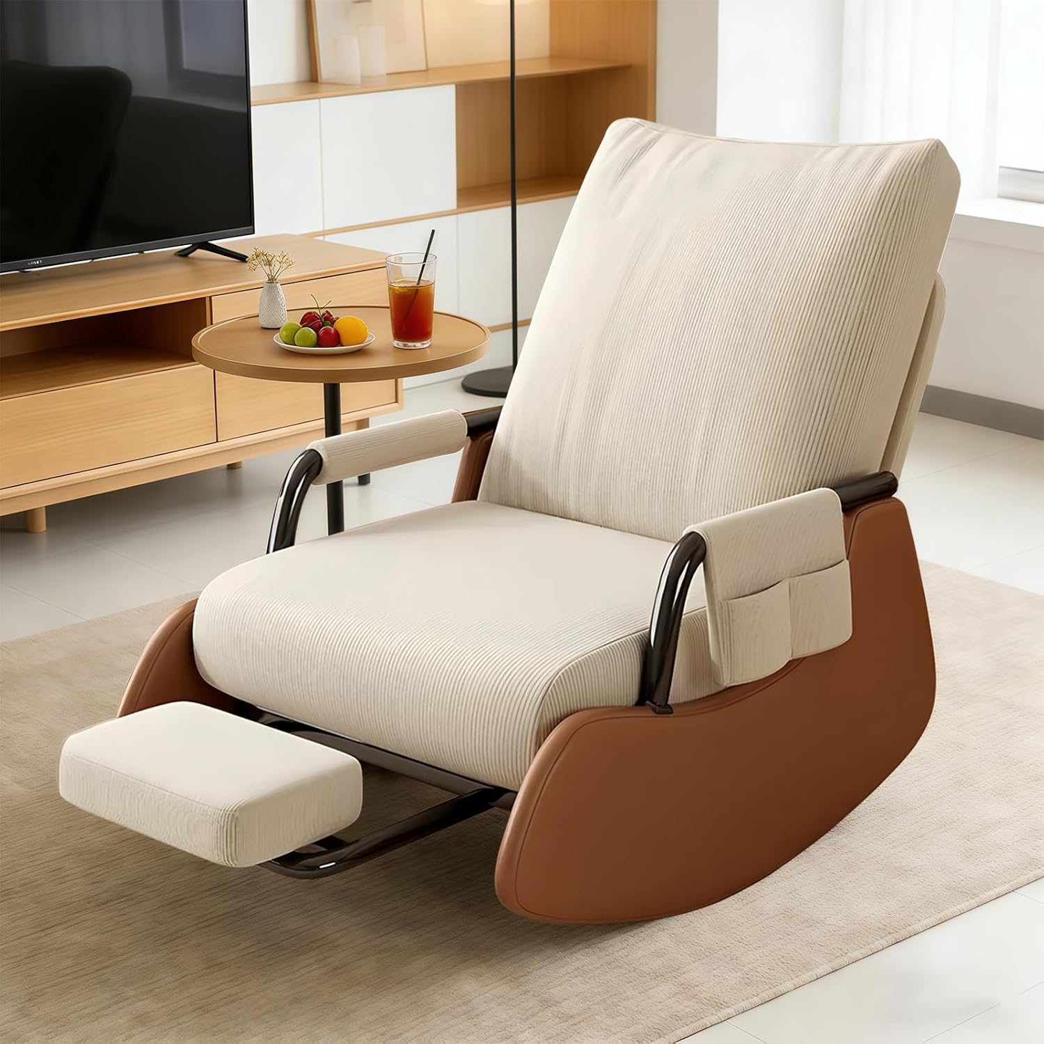Rocking Chair Nursery, Comfortable Upholstered Recliner Rocker with Foot Rest, Side Pocket and Adjustable High Backrest, Soft Corduroy Modren Rocking Chair Living Room Bedroom, Beige